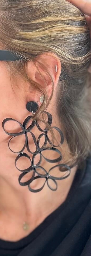 Looped rubber design, large statement earring, abstract floral silhouette, lightweight, soft, feminine, edgy, unique