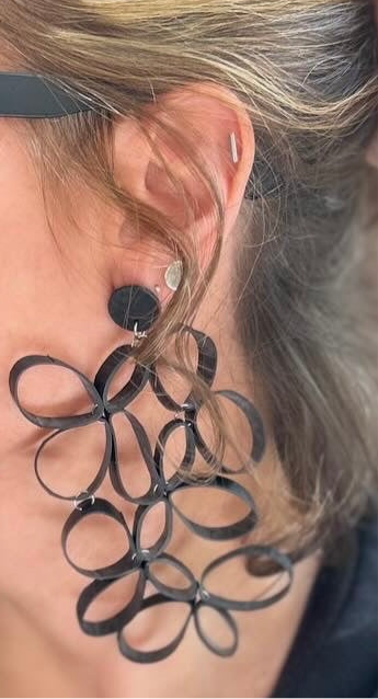 Abstract floral upcycled bicycle inner tube large statement earrings