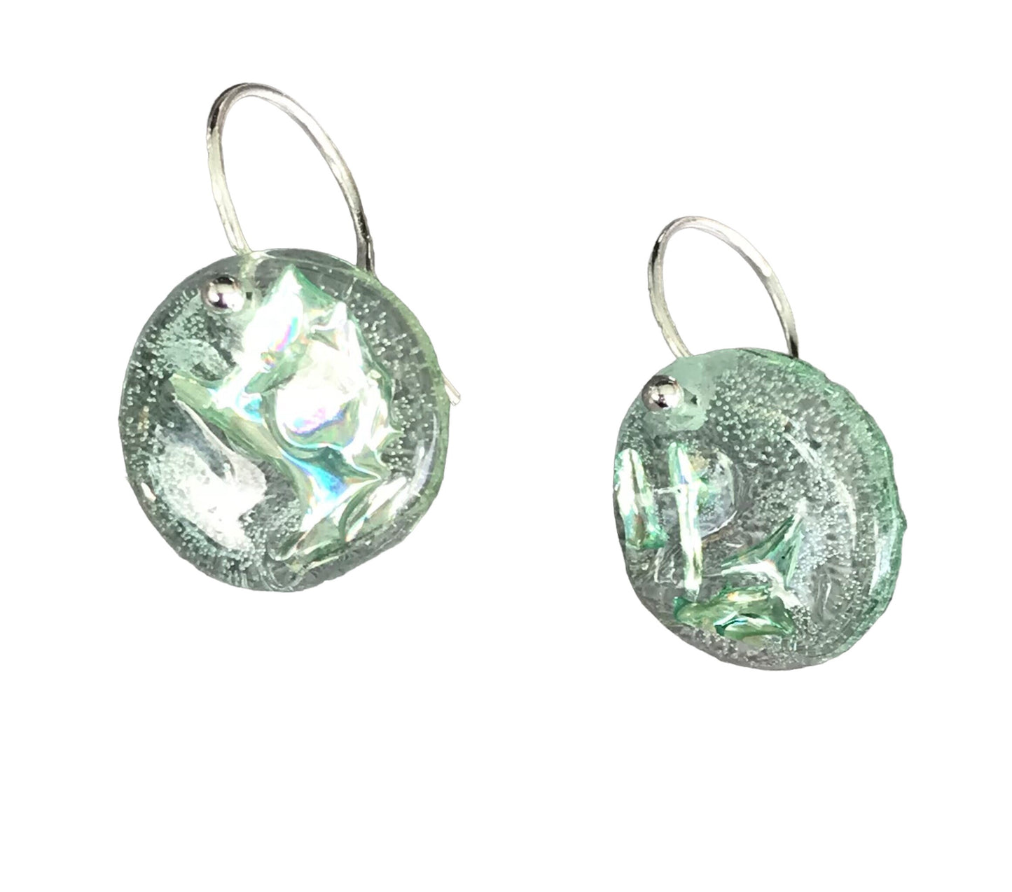 Upcycled CD 16mm round ‘sea glass’ earring on sterling silver hook