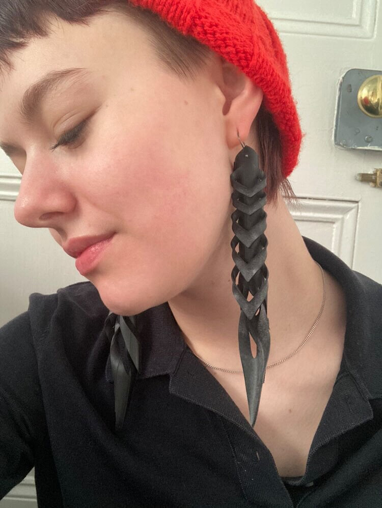 Upcycled rubber bicycle inner tube long thin earrings