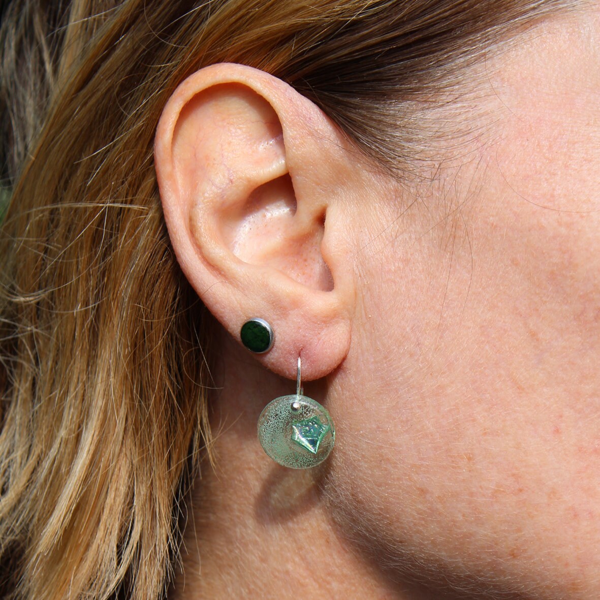 Upcycled CD 16mm round ‘sea glass’ earring on sterling silver hook