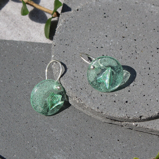 Upcycled CD 16mm round ‘sea glass’ earring on sterling silver hook