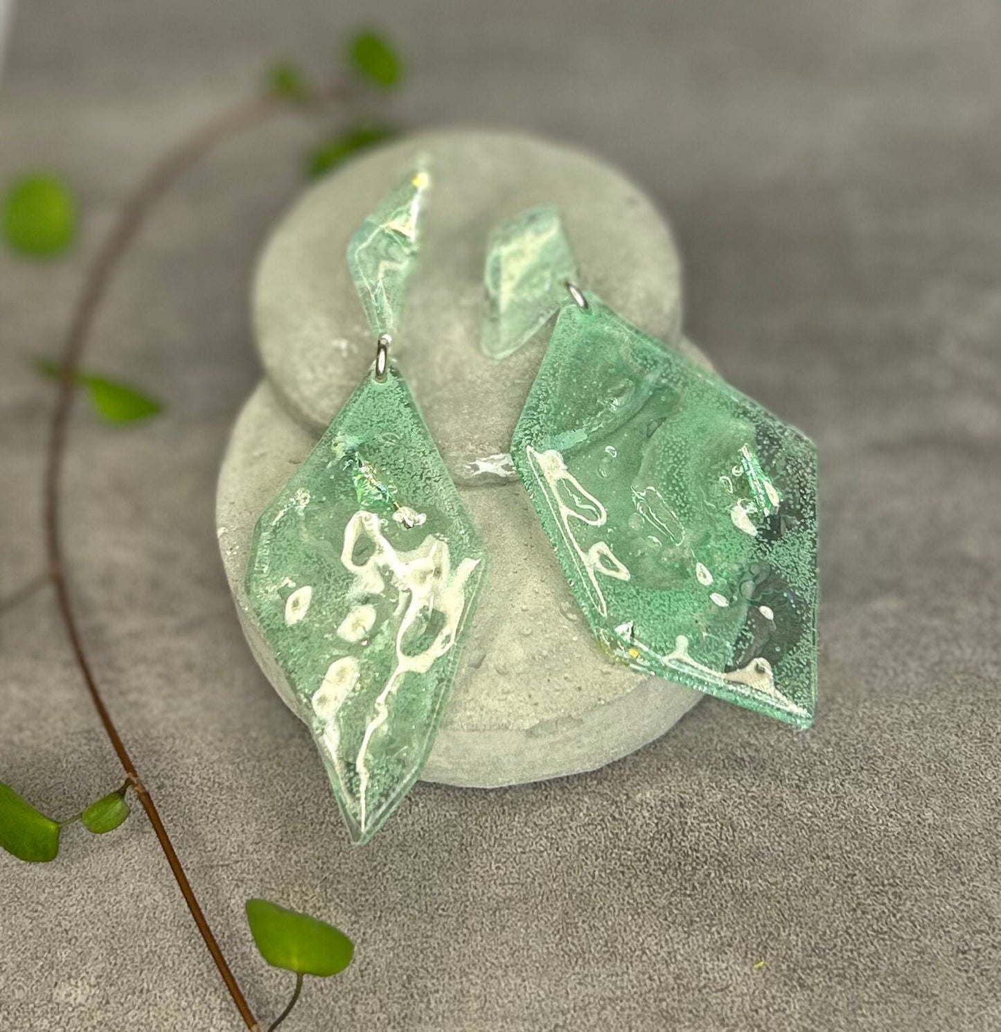 Statement Earrings, Seaglass Colour, Upcycled CD, New Collection 'Shattered Glass'